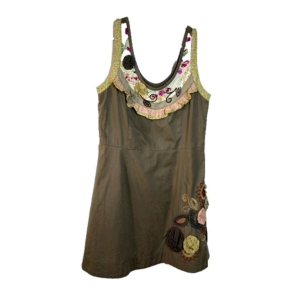 LULUMARI Cotton Embroidered Patchwork Dress Scoop Neck Sleeveless Brown Medium